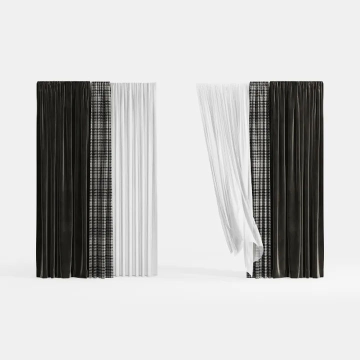 Modern Velvet Plaid Linen Mixed Window Curtains 3D Model
