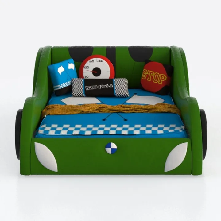 Cartoon Racing Car Themed Kids Bed with Decorative Pillows 3D Model