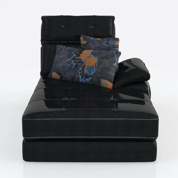 Modern Black Patent Leather Upholstered Chaise Lounge with Decorative Pillows 3D Model