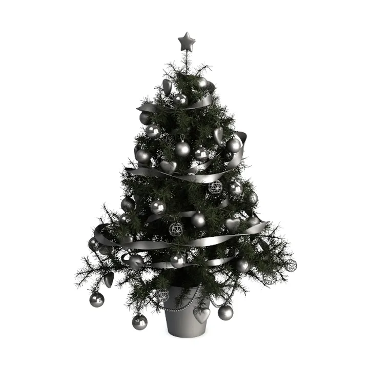 Decorated Potted Christmas Tree with Silver Ornaments Ribbons 3D Model