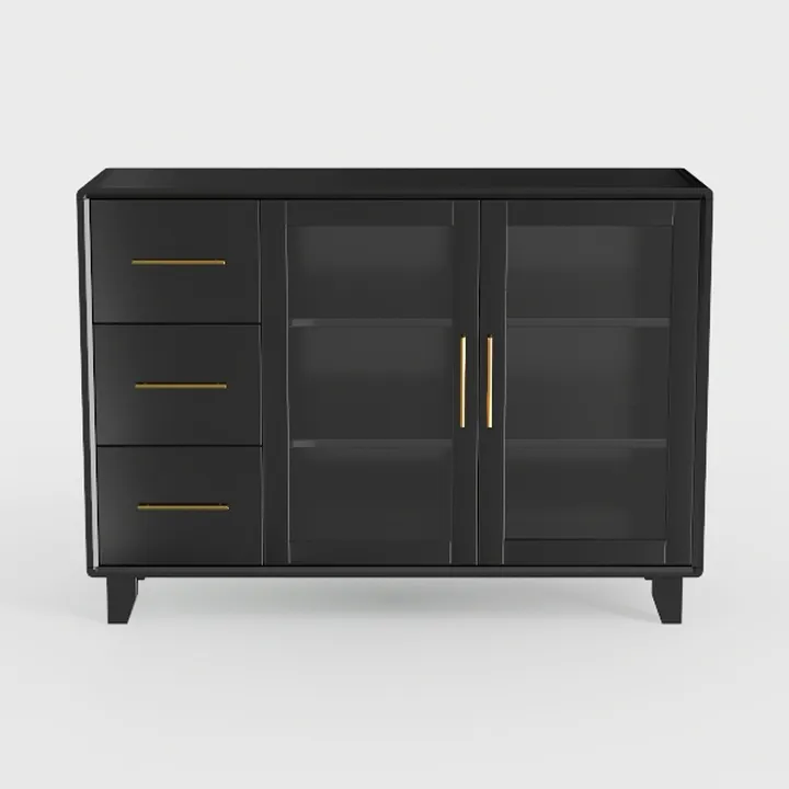 Modern Black Solid Wood Gold Accent Glass Door Sideboard Cabinet 3D Model