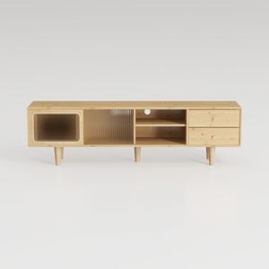 Minimalist Bamboo TV Stand With Fluted Glass Drawers Open Shelves 3D Model