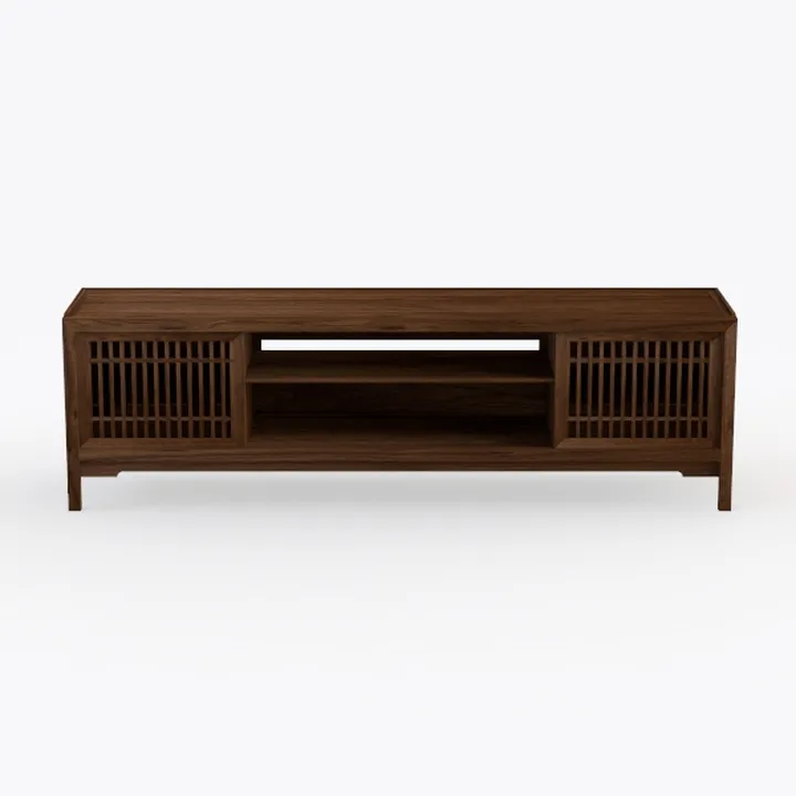 Minimalist Walnut Wood TV Stand With Slatted Cabinet Doors 3D Model