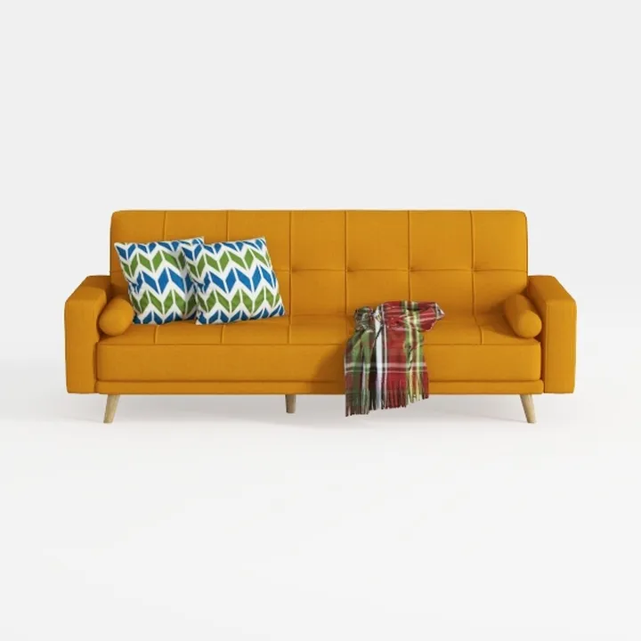 Modern Mustard Fabric Tufted Sofa with Throw Pillows and Blanket 3D Model