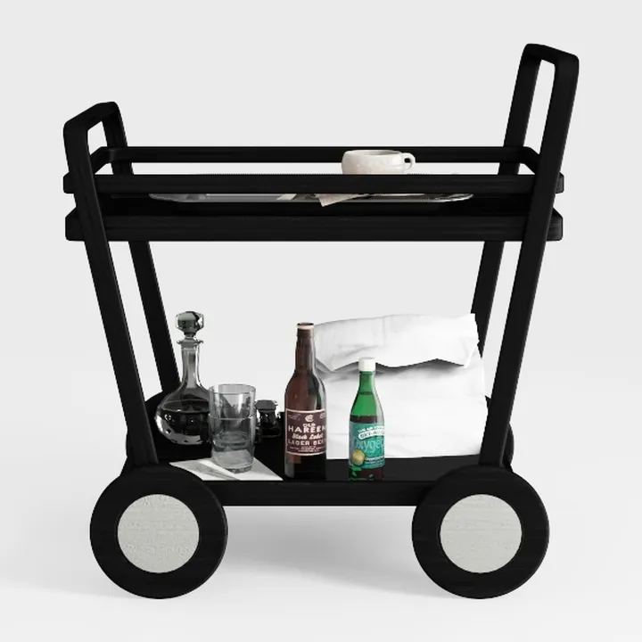 Minimalist Black Solid Wood Rolling Bar Cart 3D Model