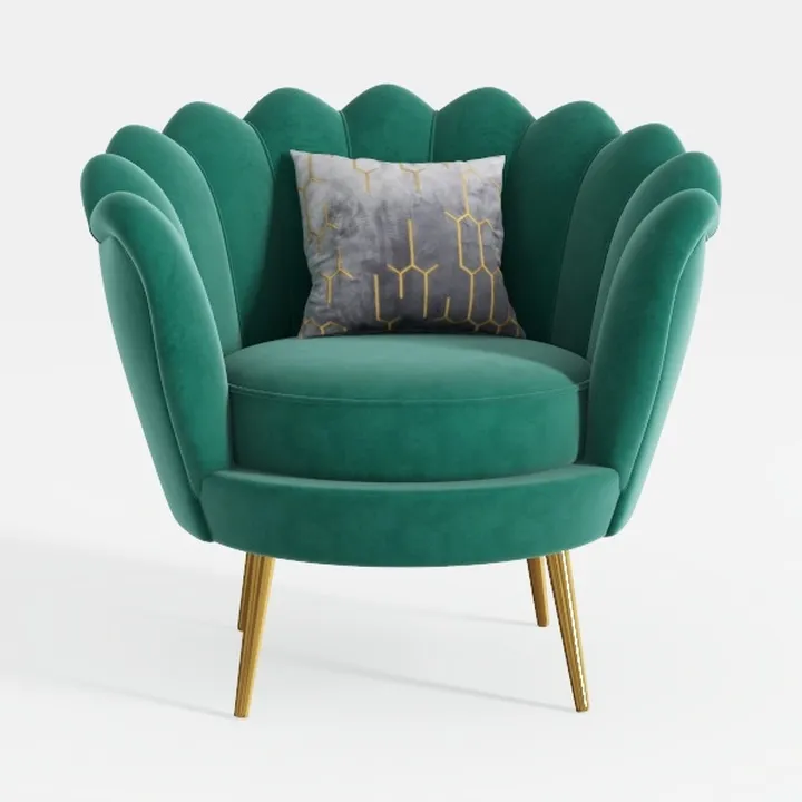 Modern Velvet Scalloped Accent Chair with Gold Metal Legs 3D Model