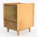 Mid Century Oak Rattan Nightstand with Single Drawer 3D Model Left 45 Degree View