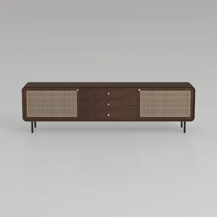 Mid Century Walnut Cane Media Console Cabinet with Drawers 3D Model