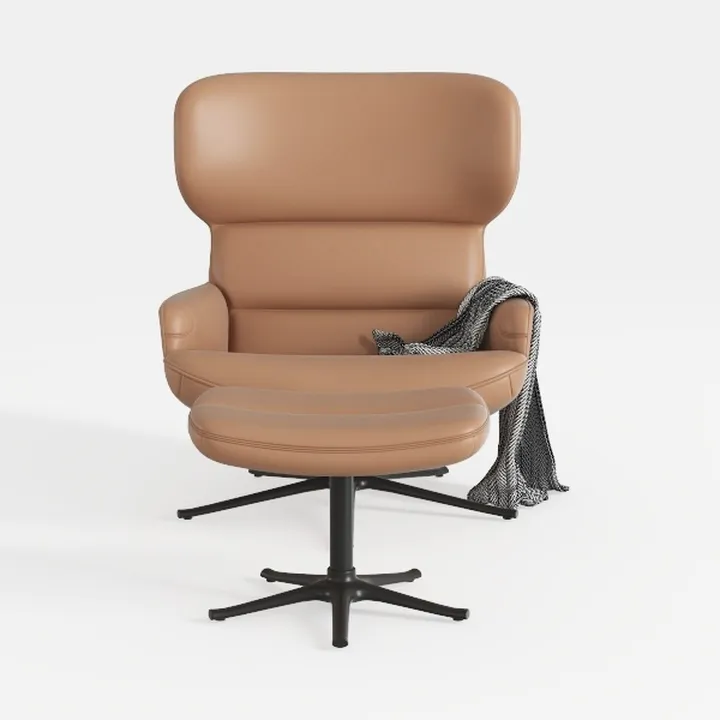 Modern Minimalist Tan Leather Armchair and Ottoman 3D Model