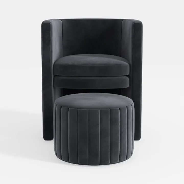 Modern Velvet Barrel Armchair and Round Ottoman Set 3D Model