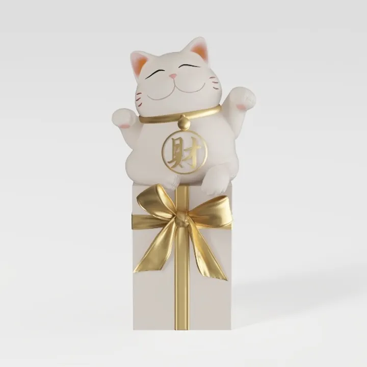 Minimalist White Gold Lucky Cat Ornament Decor 3D Model