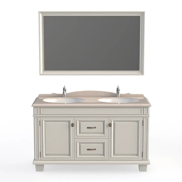 Classic Solid Wood Double Sink Bathroom Vanity with Wall Mirror 3D Model