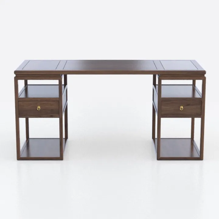 Minimalist Solid Walnut Wood Office Desk with Drawers Open Shelves 3D Model