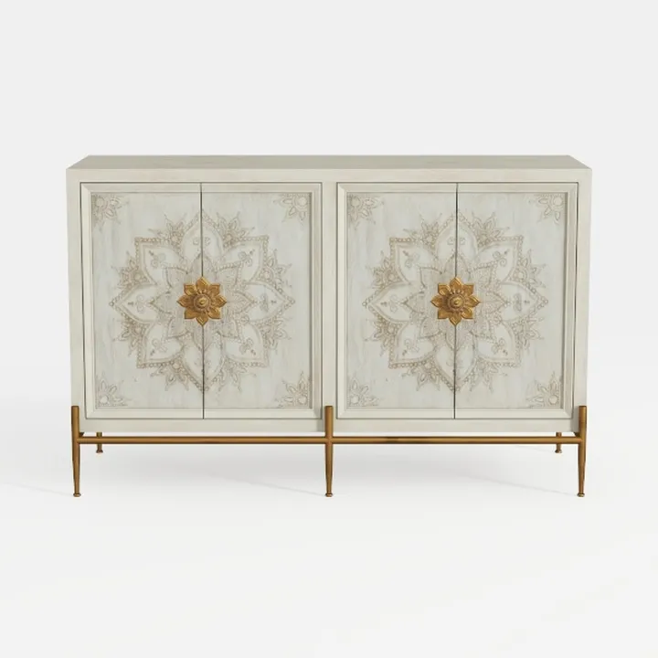 Bohemian Vintage Floral Carved Solid Wood Brass Accent Sideboard 3D Model