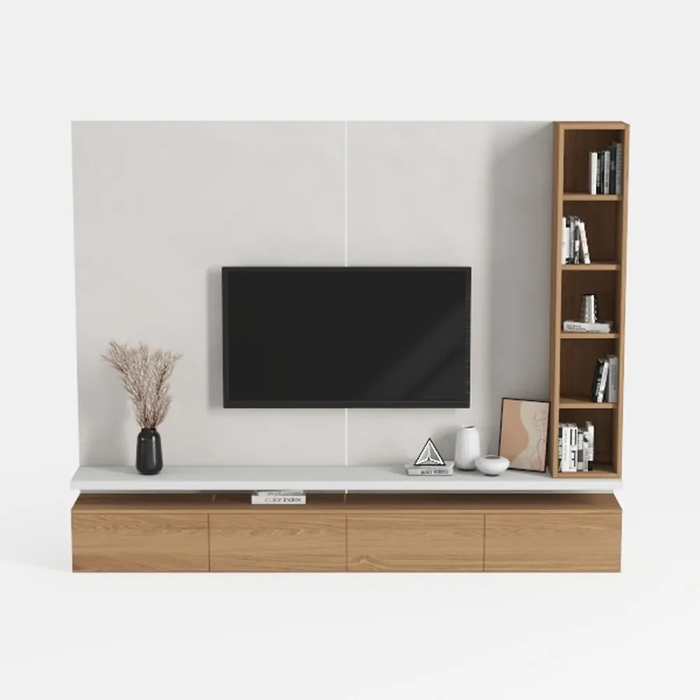 Modern TV Stand with 3 Cabinets & Open Shelves