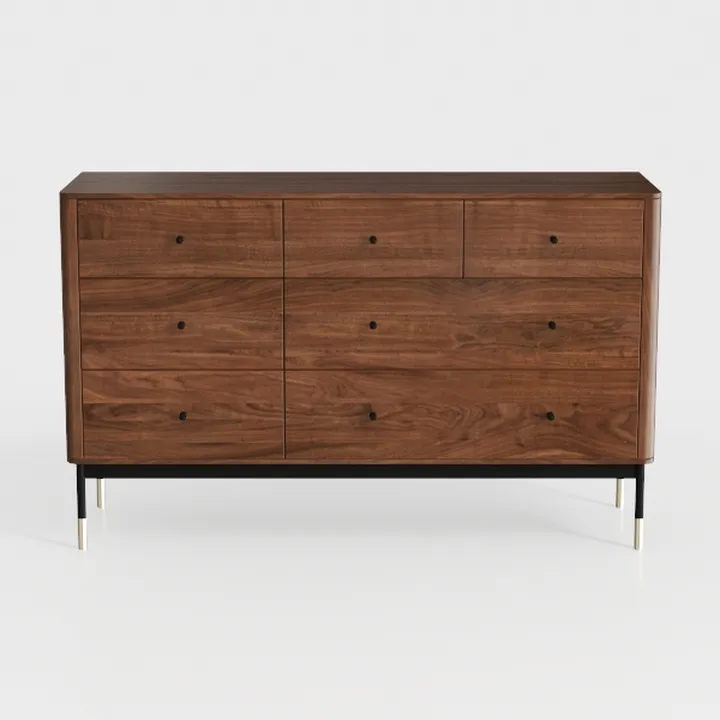 Modern Walnut Solid Wood 8 Drawer Dresser with Metal Legs 3D Model
