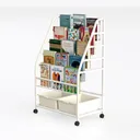 Modern White Metal Mobile Bookshelf with Storage Bins 3D Model Left 45 Degree View