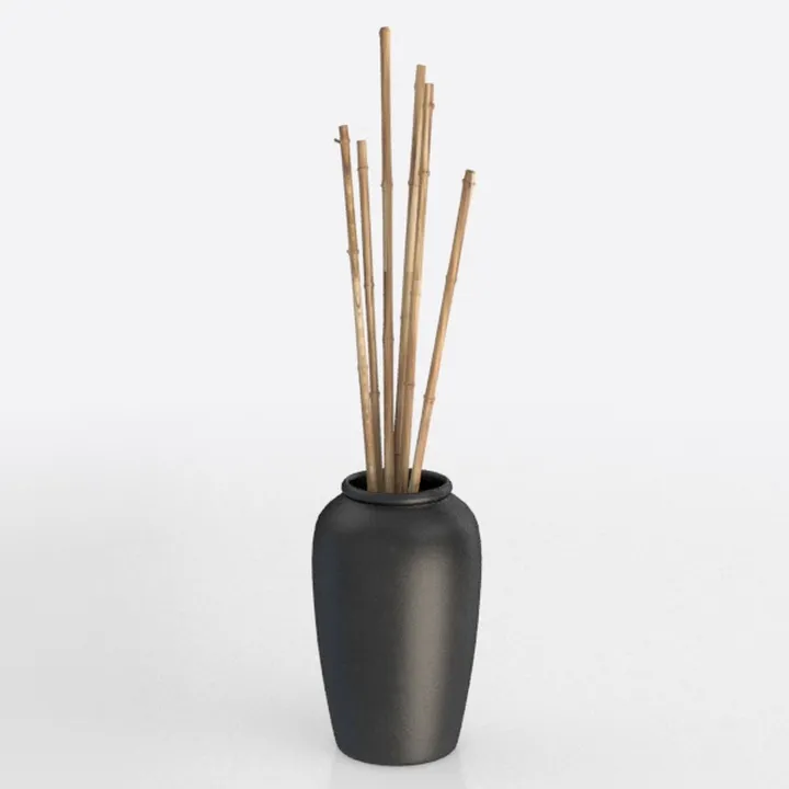 Minimalist Matte Black Ceramic Vase with Bamboo Sticks Decor 3D Model