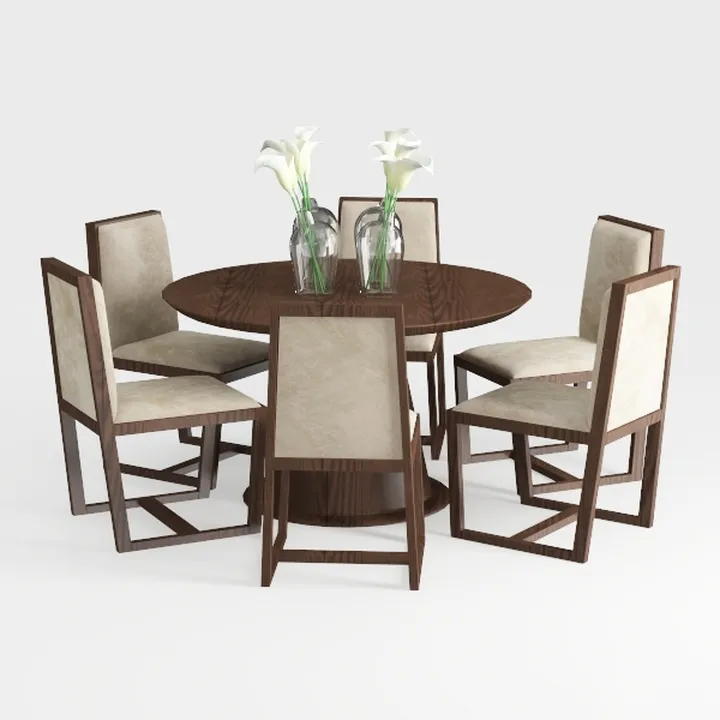 Modern Solid Wood Fabric Round Dining Table Set 3D Model