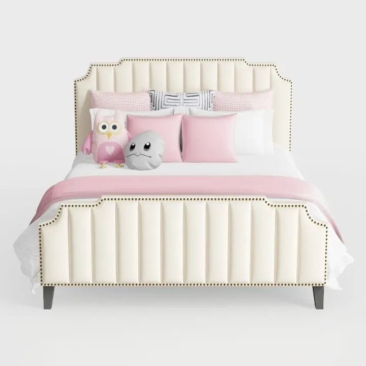 Modern Tufted Fabric Upholstered Queen Bed With Nailhead Trim 3D Model