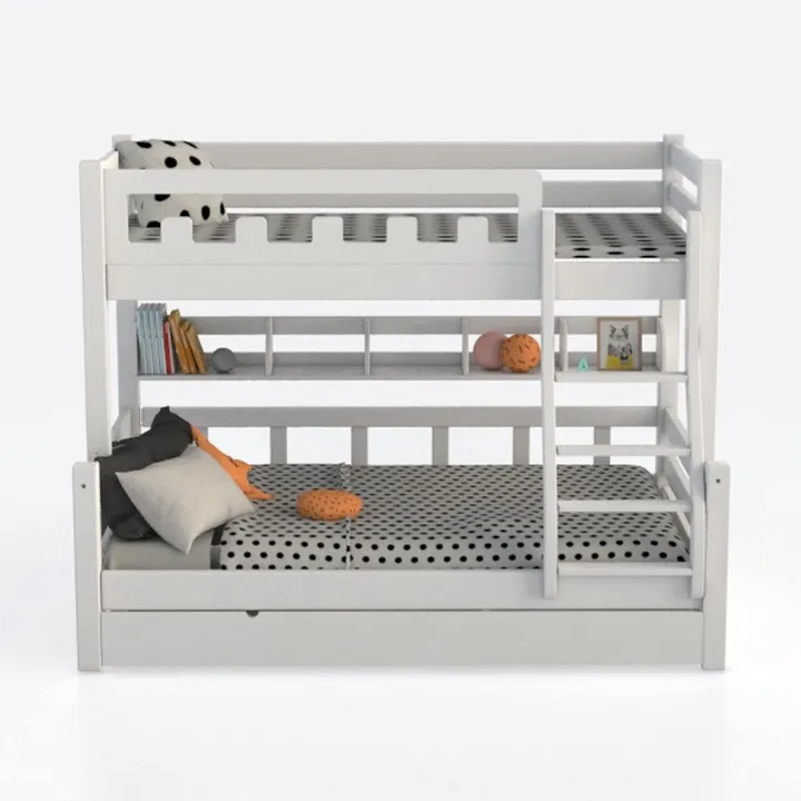 Minimalist White Solid Wood Bunk Bed with Storage Shelves 3D Model