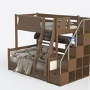 Solid Wood Modern Kids Bunk Bed with Storage Shelves Drawers 3D Model Left 45 Degree View