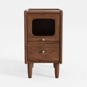 Mid-Century Solid Walnut Wood Nightstand With Open Storage And Drawers 3D Model