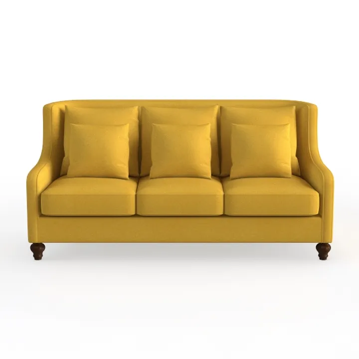 Modern Mustard Fabric Three Seater Sofa With Throw Pillows 3D Model