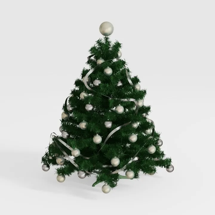 Decorated Artificial Christmas Tree with Silver Ornaments Ribbons 3D Model