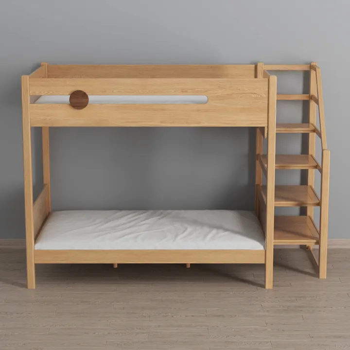 Minimalist Solid Oak Wood Bunk Bed with Attached Staircase 3D Model