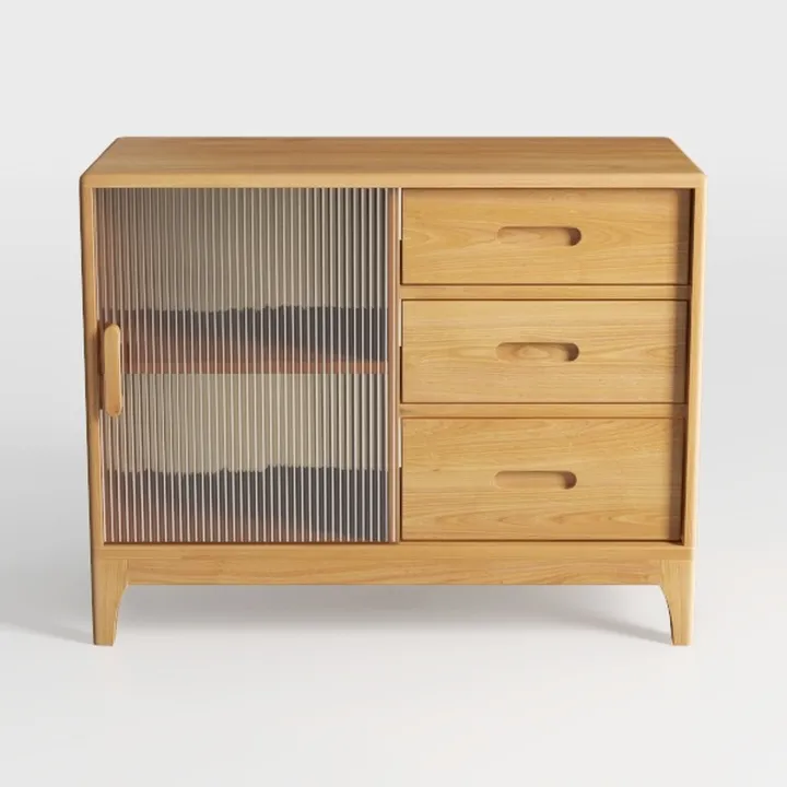 Minimalist Solid Oak Fluted Glass Storage Cabinet 3D Model