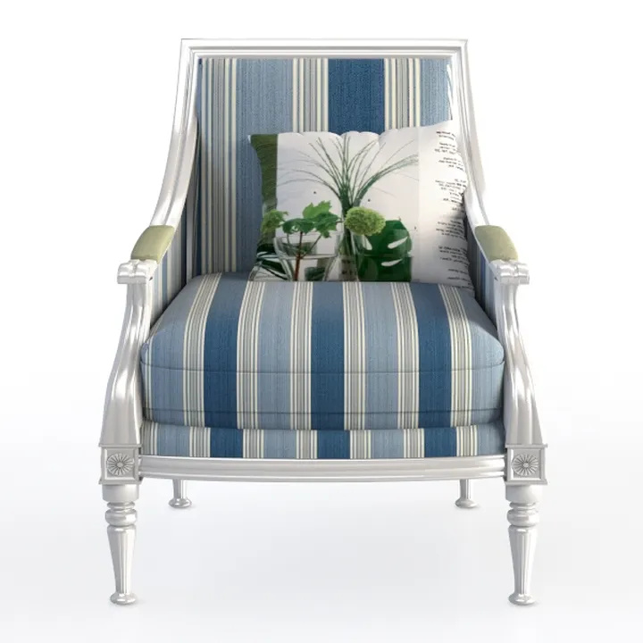 Coastal Striped Fabric White Wood Frame Armchair 3D Model