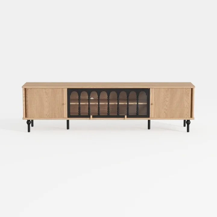 Minimalist Solid Oak Fluted TV Stand with Decorative Glass Front 3D Model