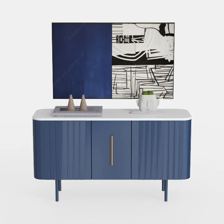 Modern Navy Blue Fluted White Top Sideboard Cabinet 3D Model