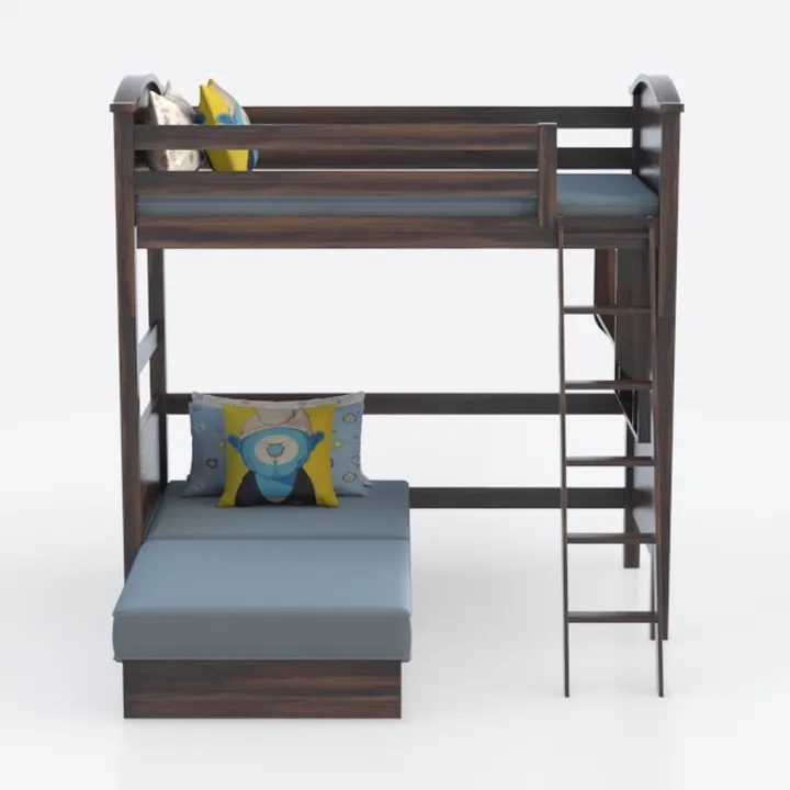 Modern Solid Wood Loft Bunk Bed with Built-in Seating 3D Model