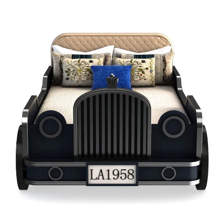 Vintage Car Shaped Solid Wood Kids Bed With Upholstered Headboard 3D Model