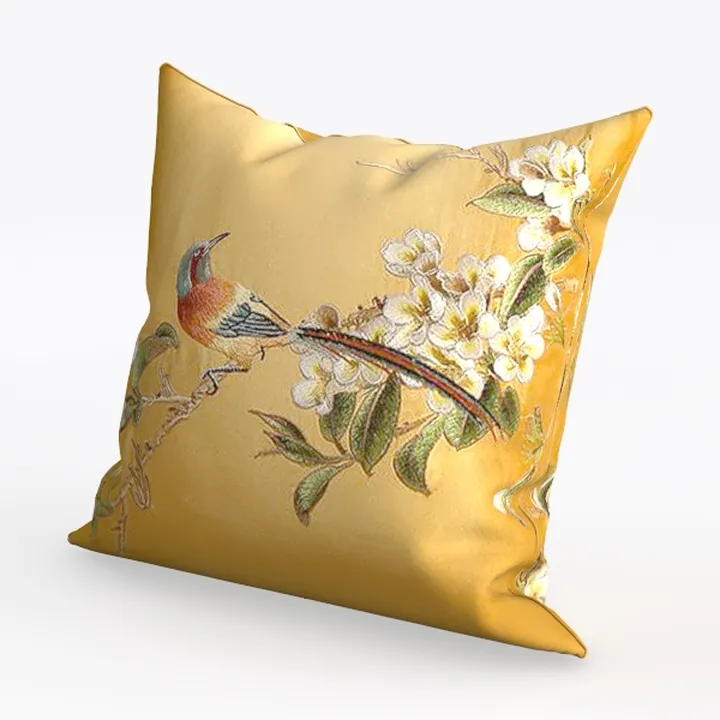 Vintage Floral Bird Print Linen Throw Pillow 3D Model
