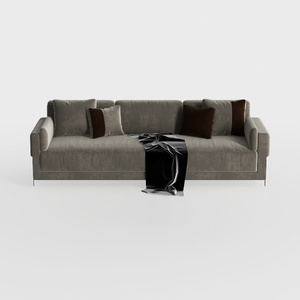 Minimalist Velvet Fabric Large Sofa With Throw Pillows And Blanket 3D Model