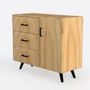 Modern Solid Wood 3 Drawer Side Cabinet With Black Metal Legs 3D Model Left 45 Degree View
