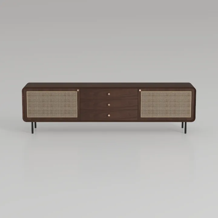 Modern Japandi Walnut Cane Media Console Cabinet with Drawers 3D Model
