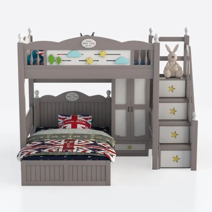 Cartoon Kids Solid Wood Bunk Bed with Stairs Wardrobe 3D Model