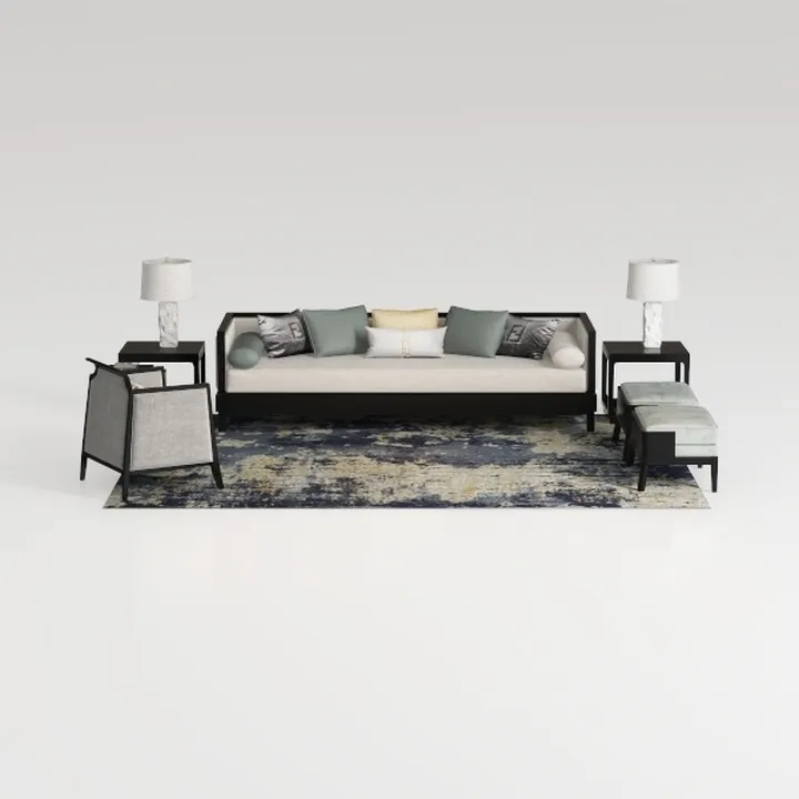 Modern Fabric Leather Accent Sofa Set with Side Tables Ottomans and Lamps 3D Model