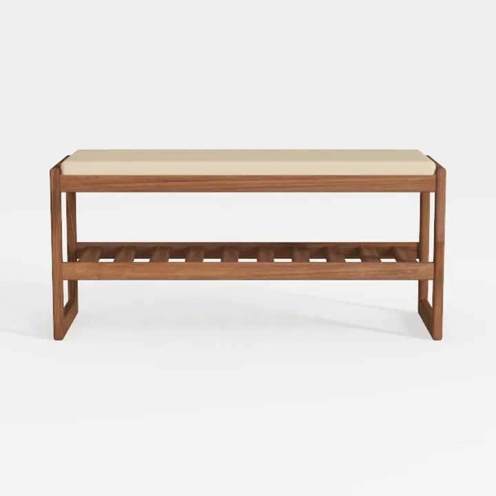 Minimalist Solid Wood Fabric Upholstered Entryway Bench With Storage Shelf 3D Model