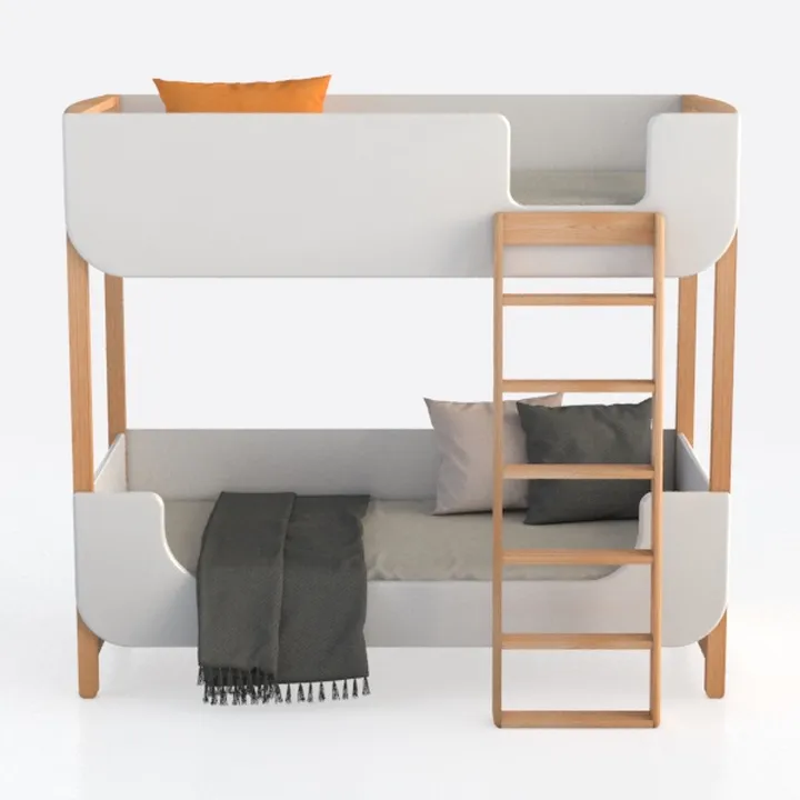 Modern Solid Wood White Fabric Bunk Bed with Ladder 3D Model