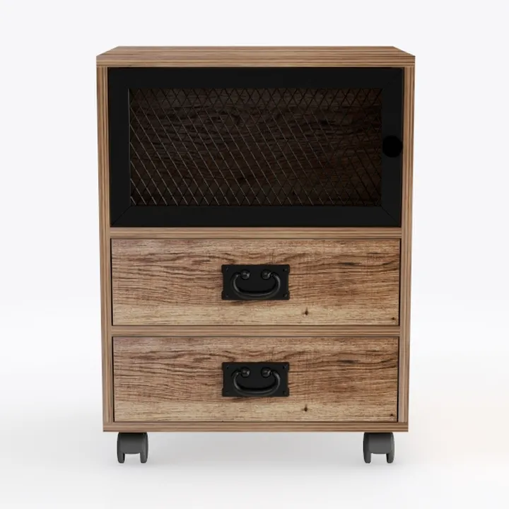 Industrial Solid Wood Mobile Nightstand With Mesh Cabinet Door 3D Model