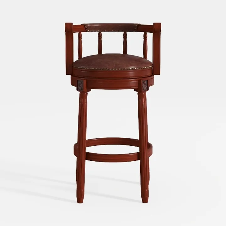 Vintage Solid Wood Leather Upholstered Swivel Bar Stool 3D Model