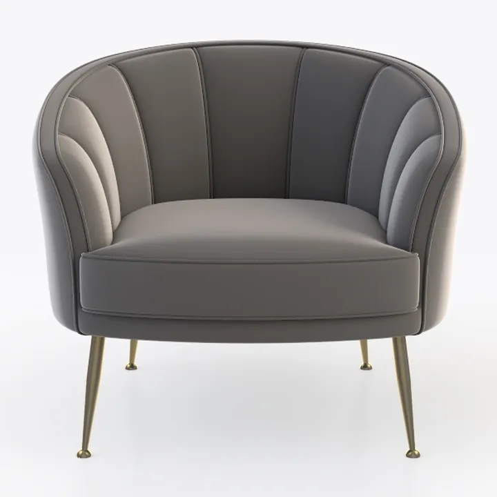 Modern Gray Velvet Upholstered Barrel Armchair With Brass Metal Legs 3D Model