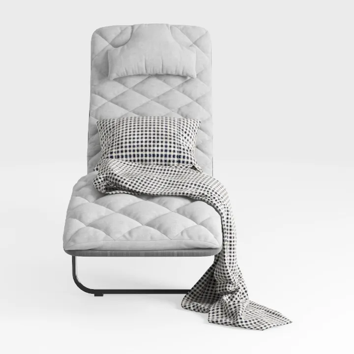 Minimalist Light Gray Fabric Chaise Lounge with Decorative Throw Pillow and Blanket 3D Model