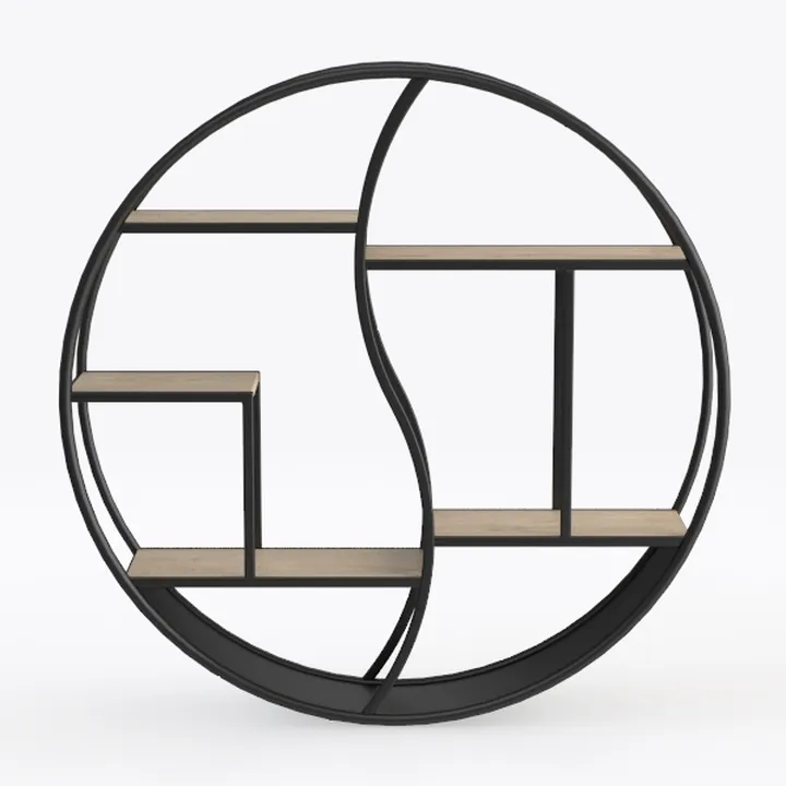 Modern Minimalist Black Metal Oak Round Wall Bookshelf 3D Model