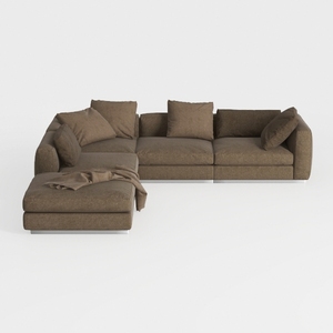 Minimalist Brown Fabric L Shaped Sectional Sofa 3D Model